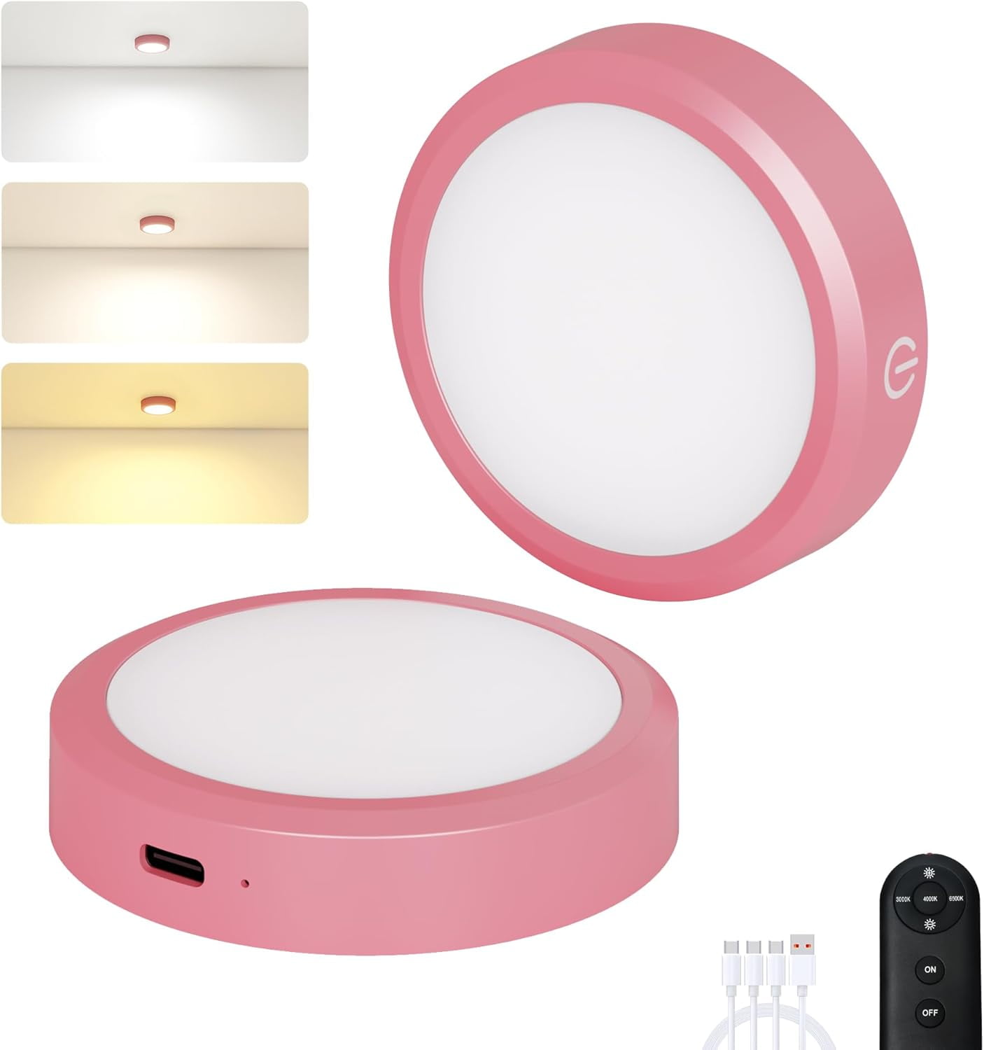 JJEAN-Rechargeable Puck Lights with Remote Control,LED Under Cabinet Light with Full-Screen,3 Color Temperatures Stick On Light Wireless, Tap Lights for Kitchen,Cabinet,Counter,Closet,Shelf,2 Pack, P