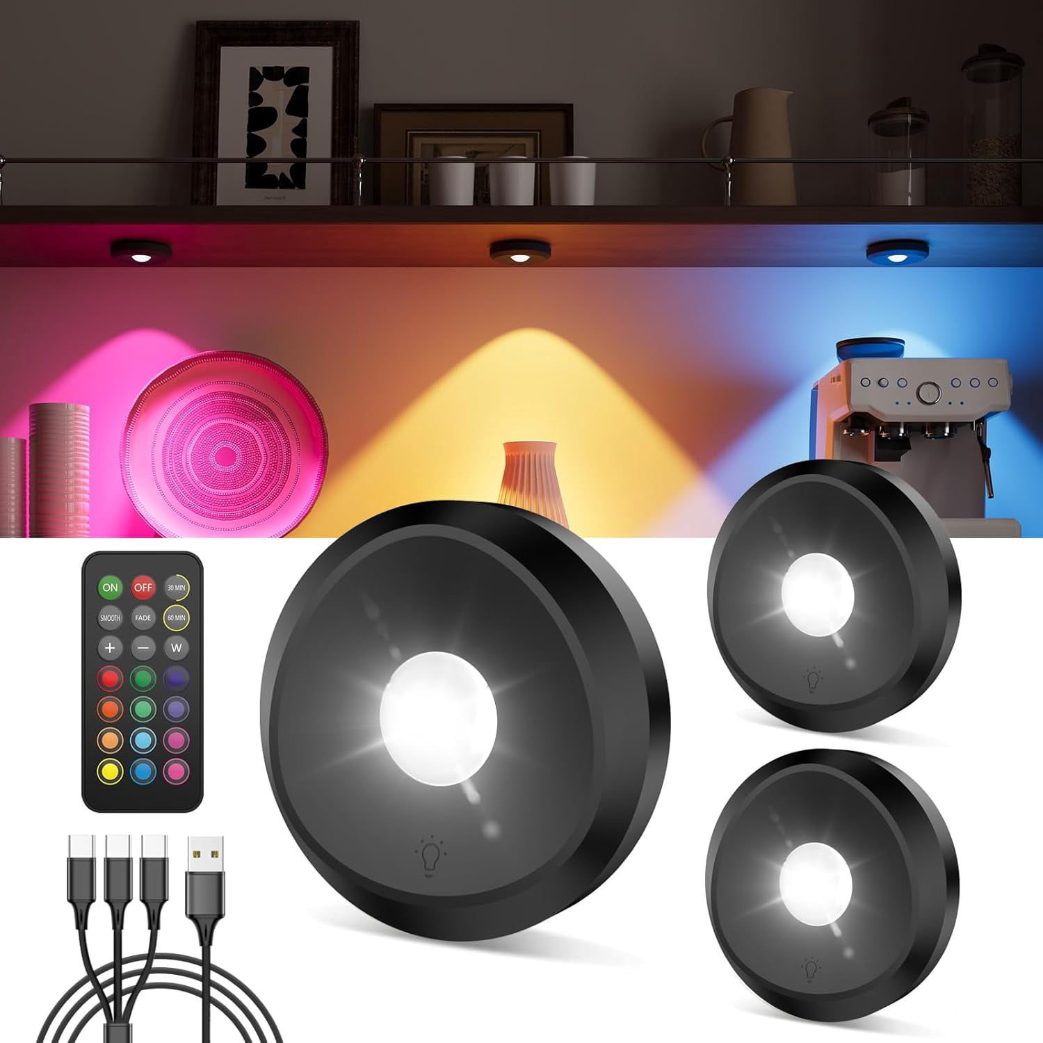JJEAN-Rechargeable RGB Puck Lights with Remote, Black 2400mAh Battery Touch Light, Magnetic Push Tap Lights, Wireless Color Changing LED Under Cabinet Lighting, Sitck On Light for Kitchen, Closet, Sh