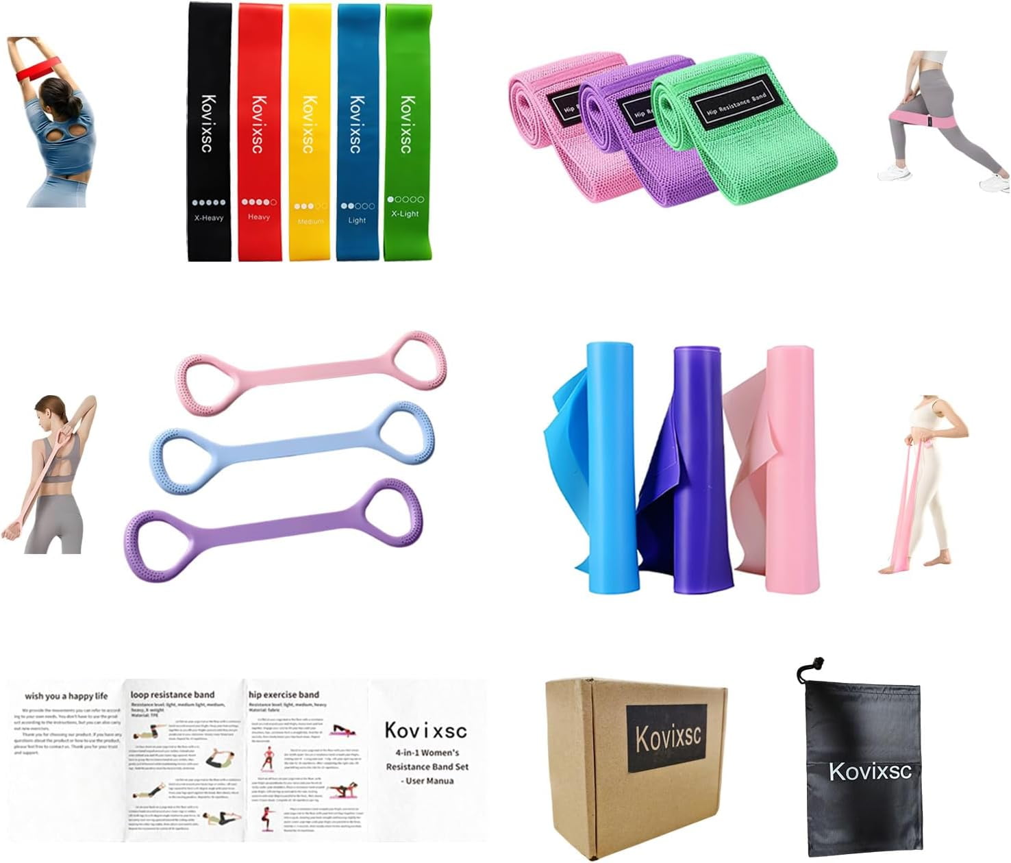 JJEAN-Resistance Band Set for Women, Loop Fabric Resistance Bands for Working Out, Figure 8 Resistance Band for Back, Flat Bands for Exercise for Physical Therapy, Strength Training
