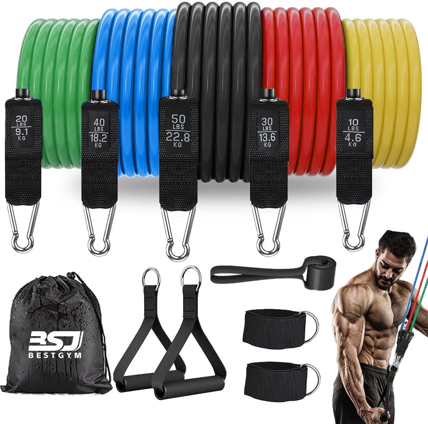 JJEAN-Resistance Bands,Exercise Bands,Resistance Bands for Working Out with Handles for Men and Women,Workout Bands with Door Anchor and Ankle,Strength Training Home Gym Equipment