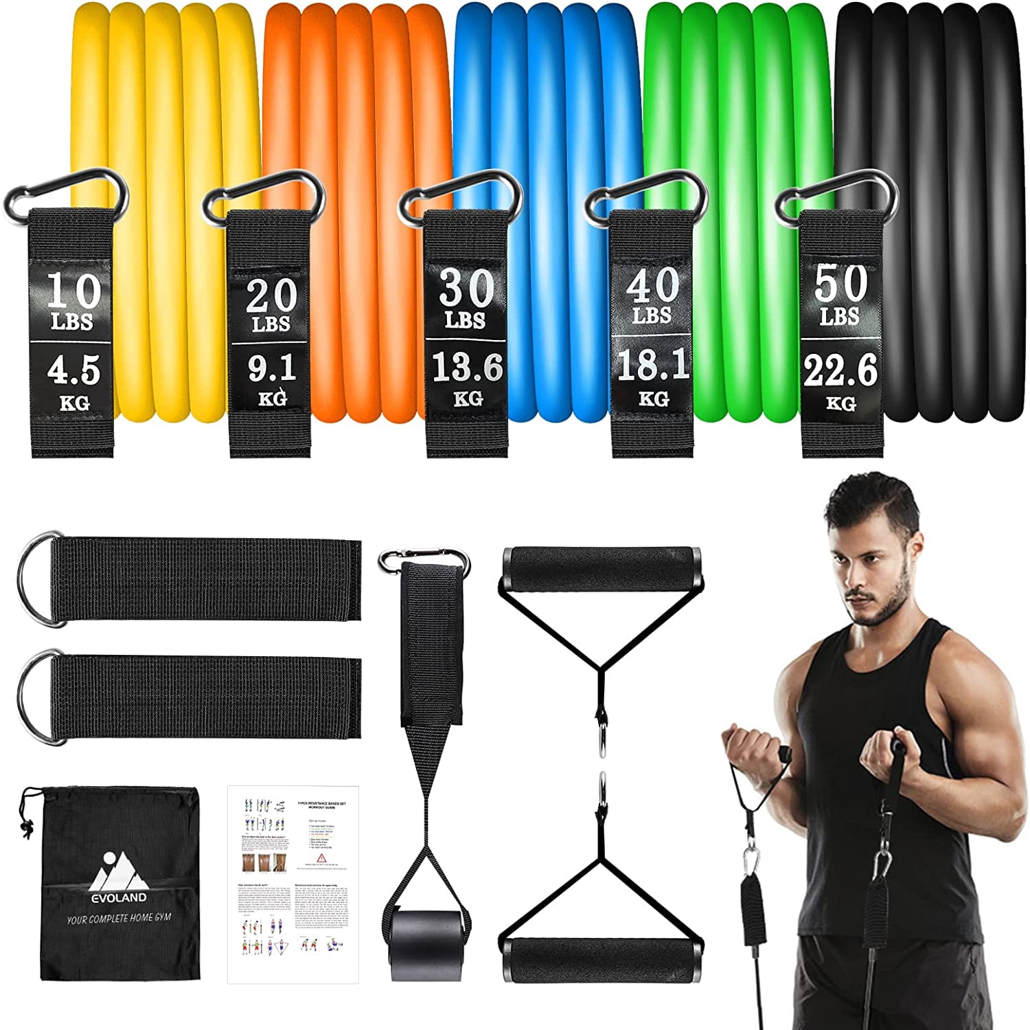 JJEAN-Resistance Bands Set (12pcs), Workout Bands with Handles, Door Anchor, Ankle Straps and Carry Bag, Exercise Bands for Shape Body and Home Workouts