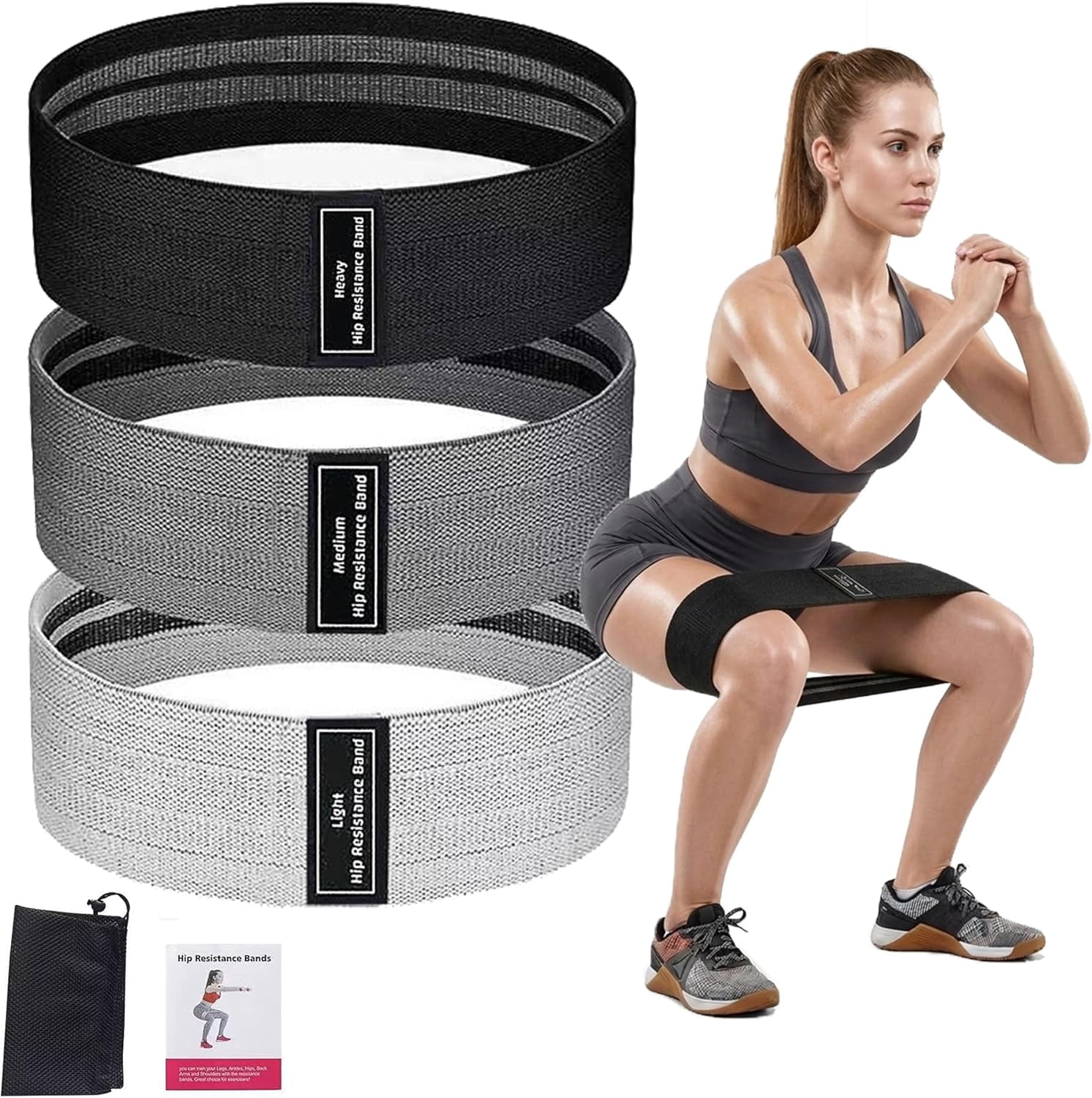 JJEAN-Resistance Bands Set of 3, Light Medium Heavy Exercise Workout Bands for Women Men, Strength Training Elastic Bands for Home Gym, Fitness Pilates Equipment