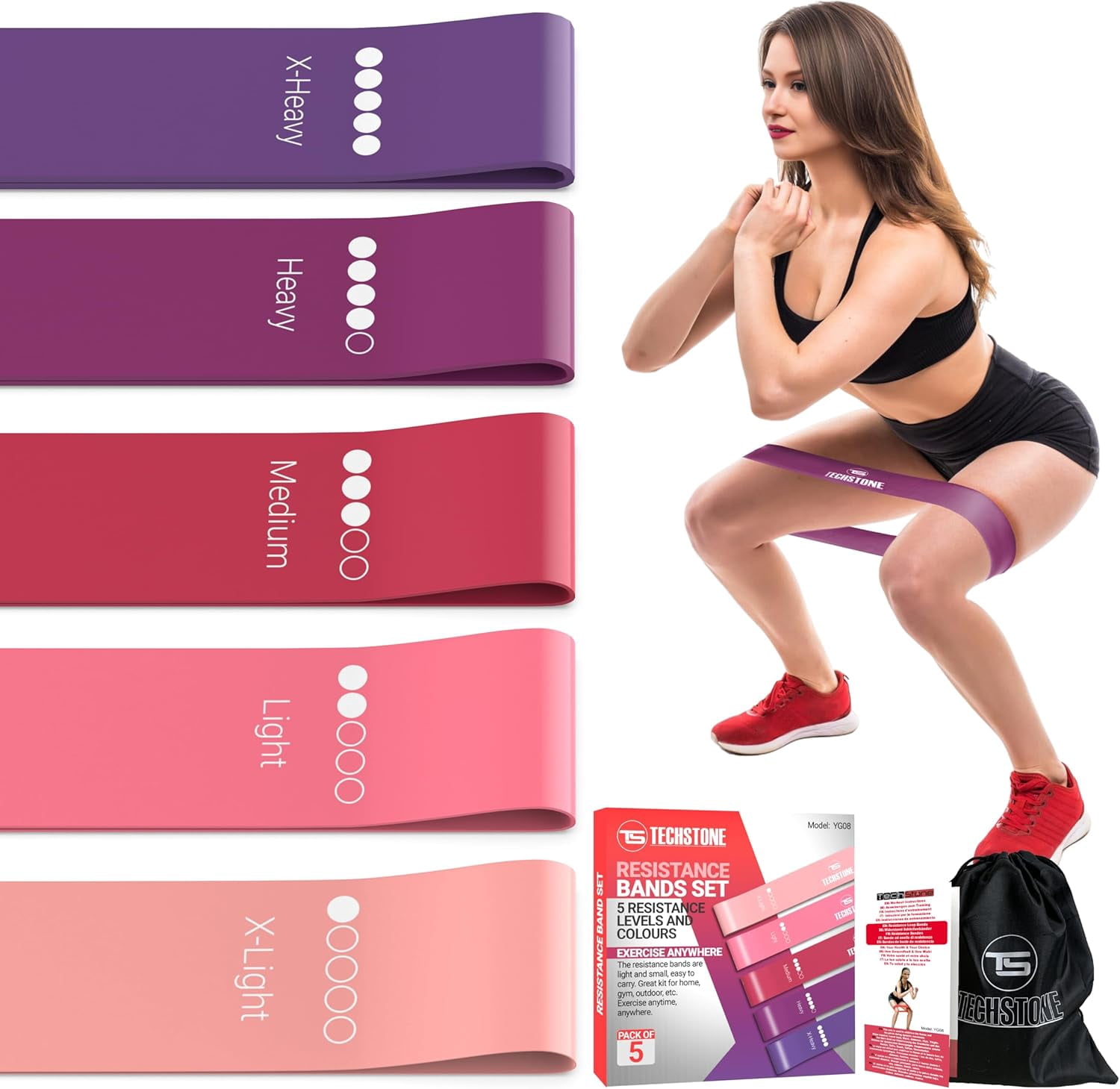 JJEAN-Resistance Bands Set – 5 Levels Loop Exercise Bands for Men & Women, Elastic Workout Bands for Home Gym, Training, Yoga & Fitness, Carry Bag Included
