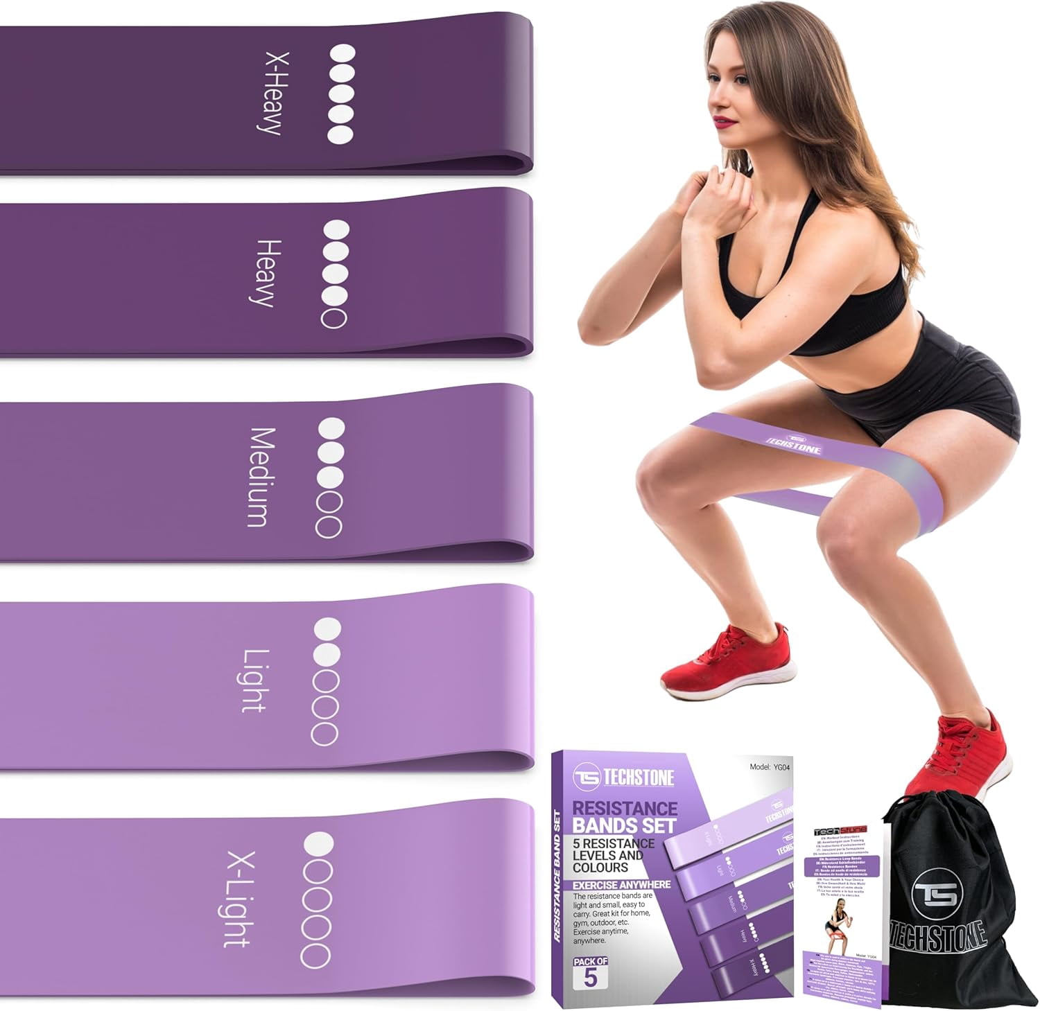 JJEAN-Resistance Bands Set – 5 Levels Loop Exercise Bands for Men & Women, Elastic Workout Bands for Home Gym, Training, Yoga & Fitness, Carry Bag Included