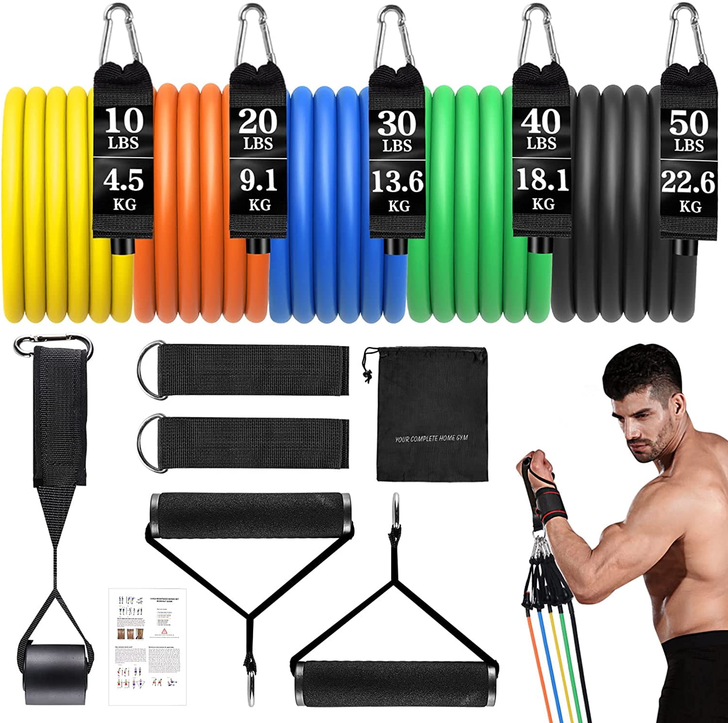 JJEAN-Resistance Bands Set, Himaly Exercise Bands Strength Training Fitness Bands Workout Elastic Bands with Legs Ankle Straps, Door Anchor, Handles & Carry Bag for Home Outdoor Workouts