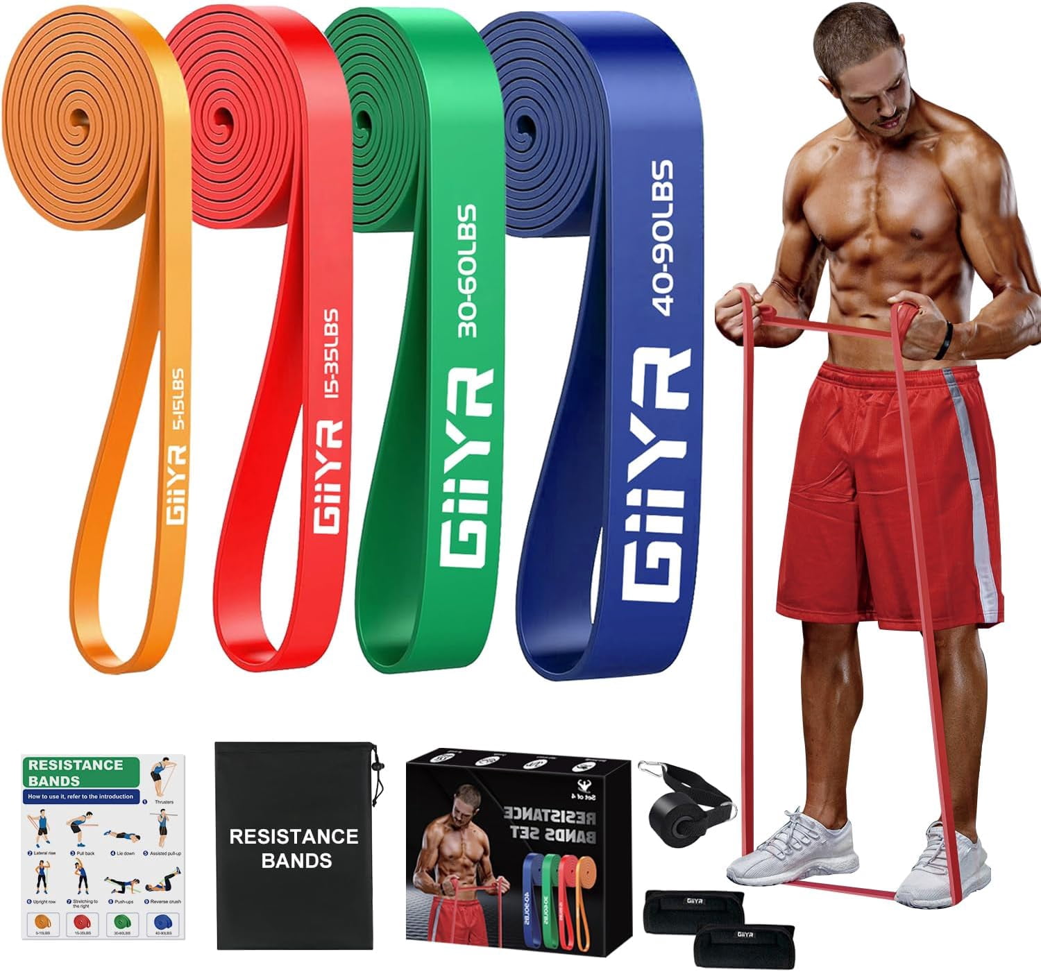 JJEAN-Resistance Bands Set for Men & Women - 4 Levels Exercise Band with Door Anchor, Pull Up Bands for Strength Training, Stretching, Powerlifting, Home Workouts