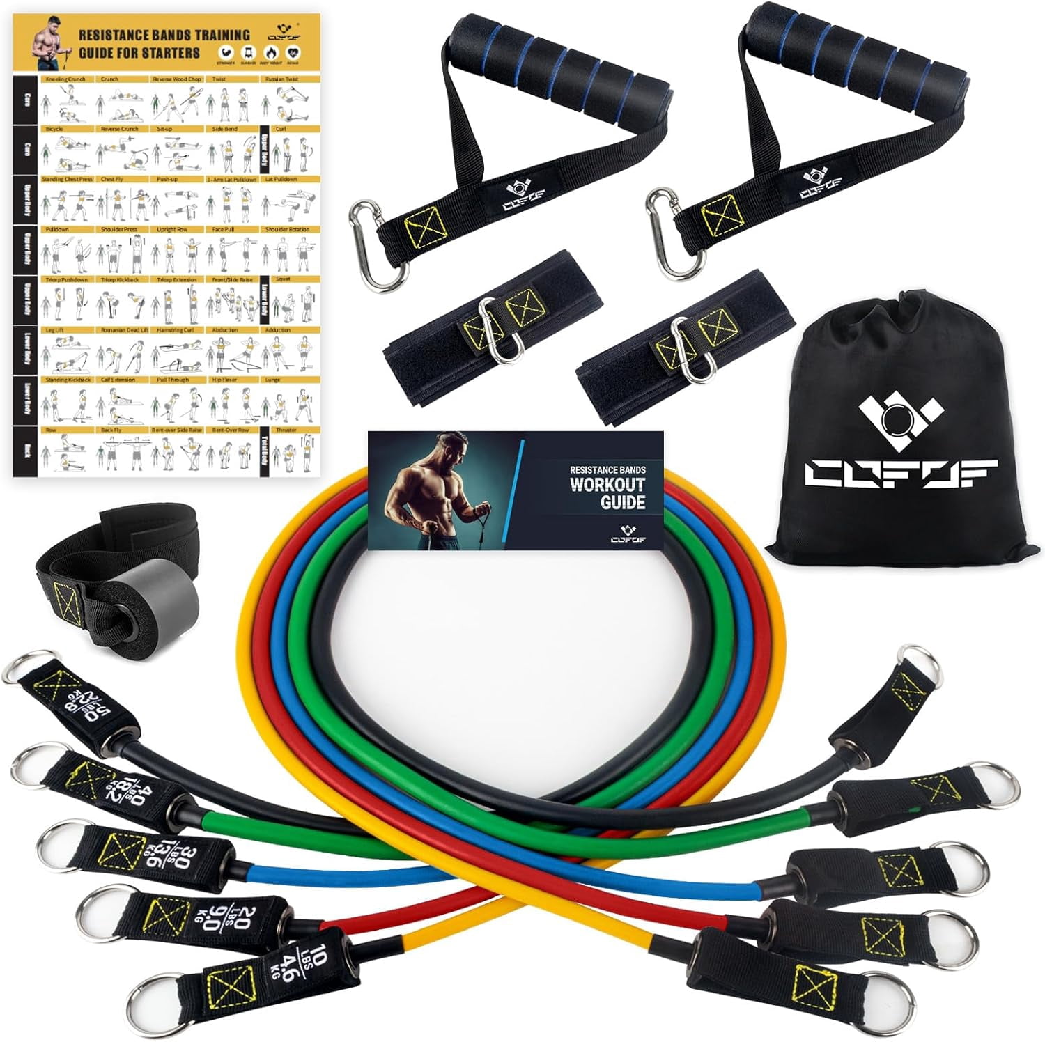 JJEAN-Resistance Bands Set with Yellow Handles, Exercise/Workout/Fitness Bands with Door Anchor, Legs Ankle Straps for Resistance TrainingPhysical TherapyHome Gym Workout