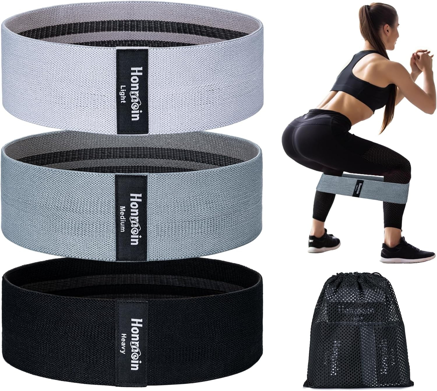 JJEAN-Resistance Bands for Working Out, 3 Levels Exercise Bands Workout Bands Set for Women Men, Hip Legs Booty Bands for Home Fitness, Gym, Yoga, Pilates