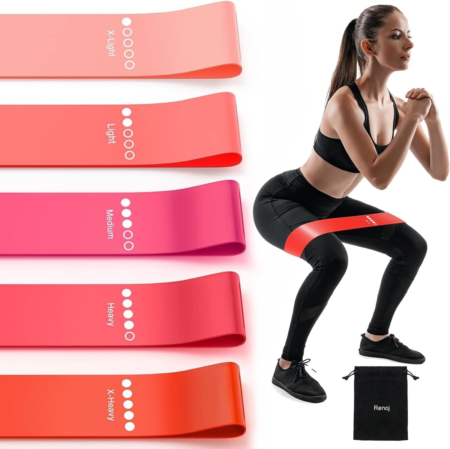 JJEAN-Resistance Bands for Working Out, 5-Pack Elastic Exercise Bands for Strength Training, Stretching, Workout; Home Gym Equipment for Women Men, Pilates Yoga Physical Therapy, Leg Glute Arm Exerci