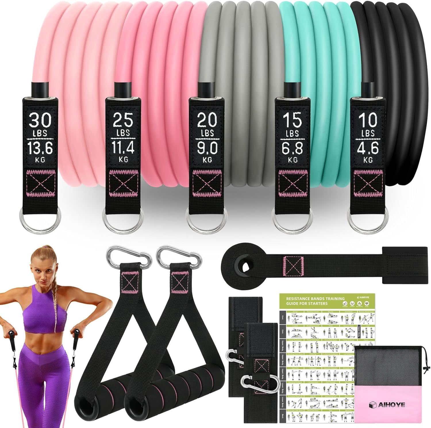 JJEAN-Resistance Bands for Working Out, Exercise Bands with Handles, Stretch Bands for Exercise, Workout Bands with Door Anchors for Physical Therapy & Strength Training