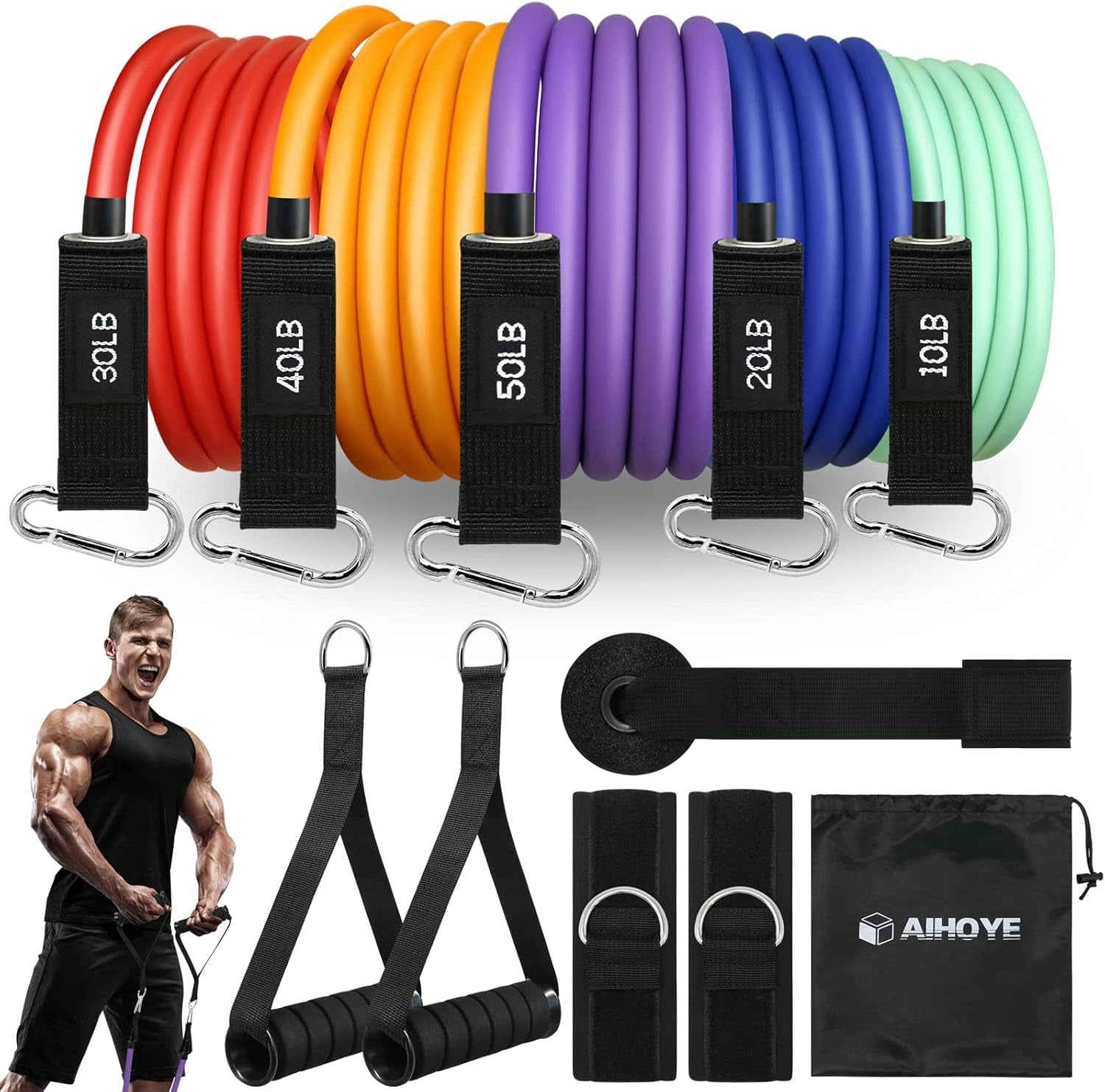 JJEAN-Resistance Bands for Working Out, Exercise Bands with Handles, Stretch Bands for Exercise, Workout Bands with Door Anchors for Physical Therapy & Strength Training