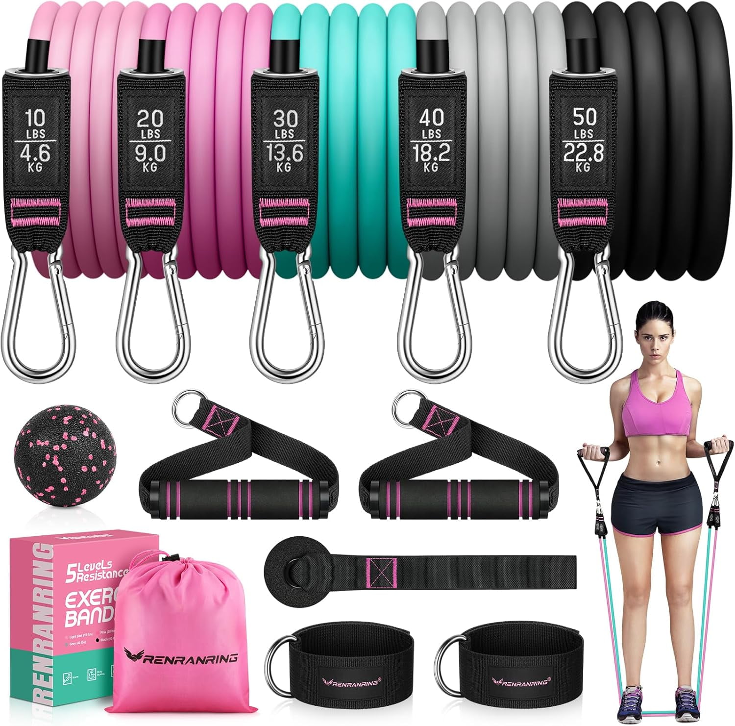JJEAN-Resistance Bands for Working Out, 150LBS Exercise Bands, Workout Bands, Resistance Bands Set with Handles for Men Women, Legs Ankle Straps