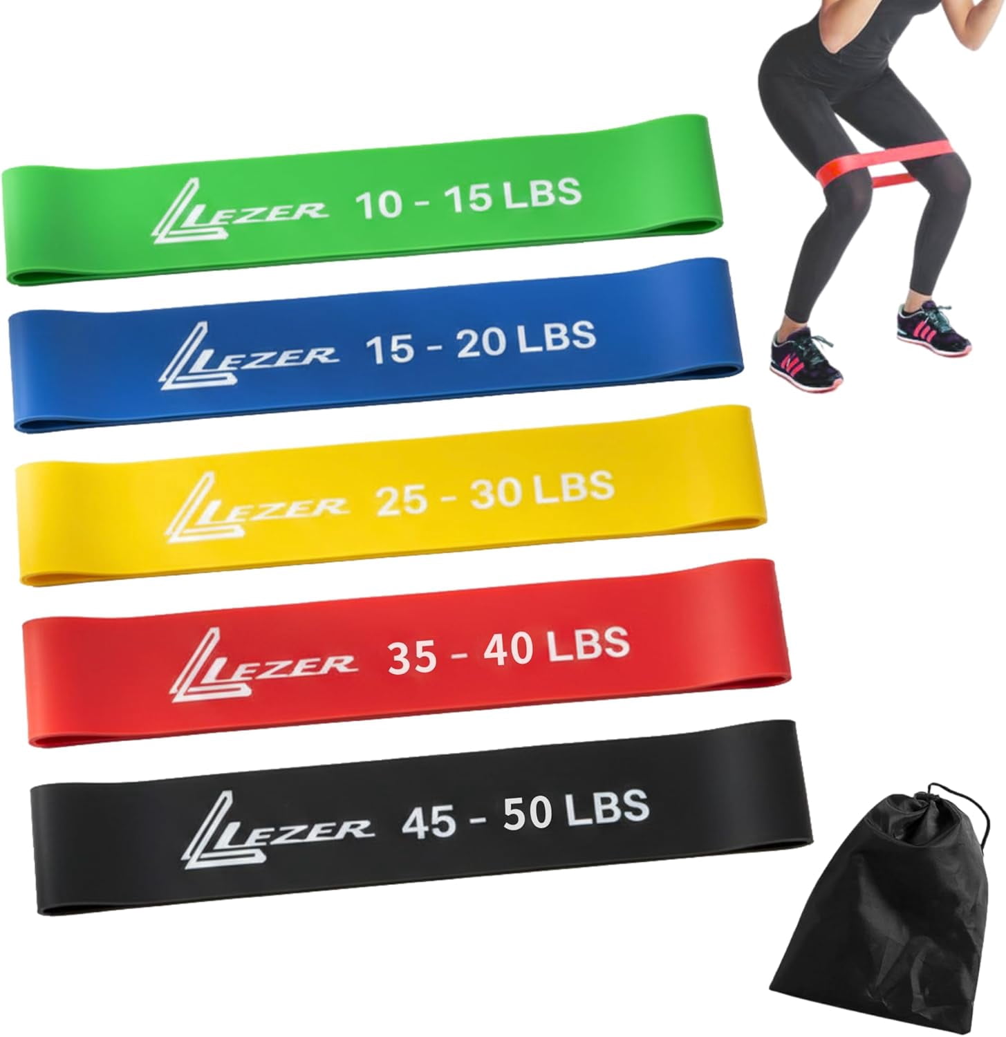 JJEAN-Resistance Loop Bands for Exercise Workout, Elastic Band, Stretch, Home Gym Fitness, Strength Training, Physical Therapy, Yoga, Women, Men, with Instruction and Carry Bag, Set of 5