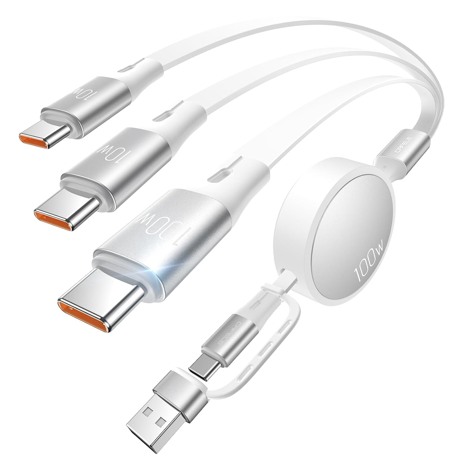 JJEAN-Retractable Charging Cable, 100W USB C Fast Charger Cable 3 in 1 with [30-130cm] Adjustable Length, Multi-Port Cord for Laptop, Phone, Car, Travel - PD3.1/QC5.0（White）