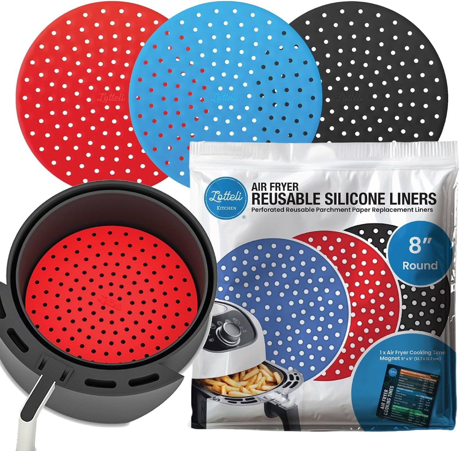 JJEAN-Reusable Air Fryer Liners 3 Pack for 5-7QT Fryers - 8" Round Silicone Air Fryer Liners - Easy to Clean Air Fryer Accessories - Non-Stick Parchment Paper Replacement