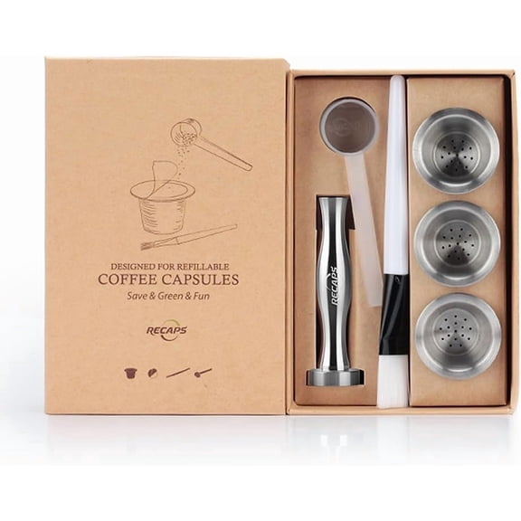 JJEAN-Reusable Coffee Filter Capsules Compatible with Nespresso Original 3PCS Refillable Coffee Pods Permanent Coffee Filter Stainless Steel 120PCS Aluminum Foil Lids Coffee Tamper