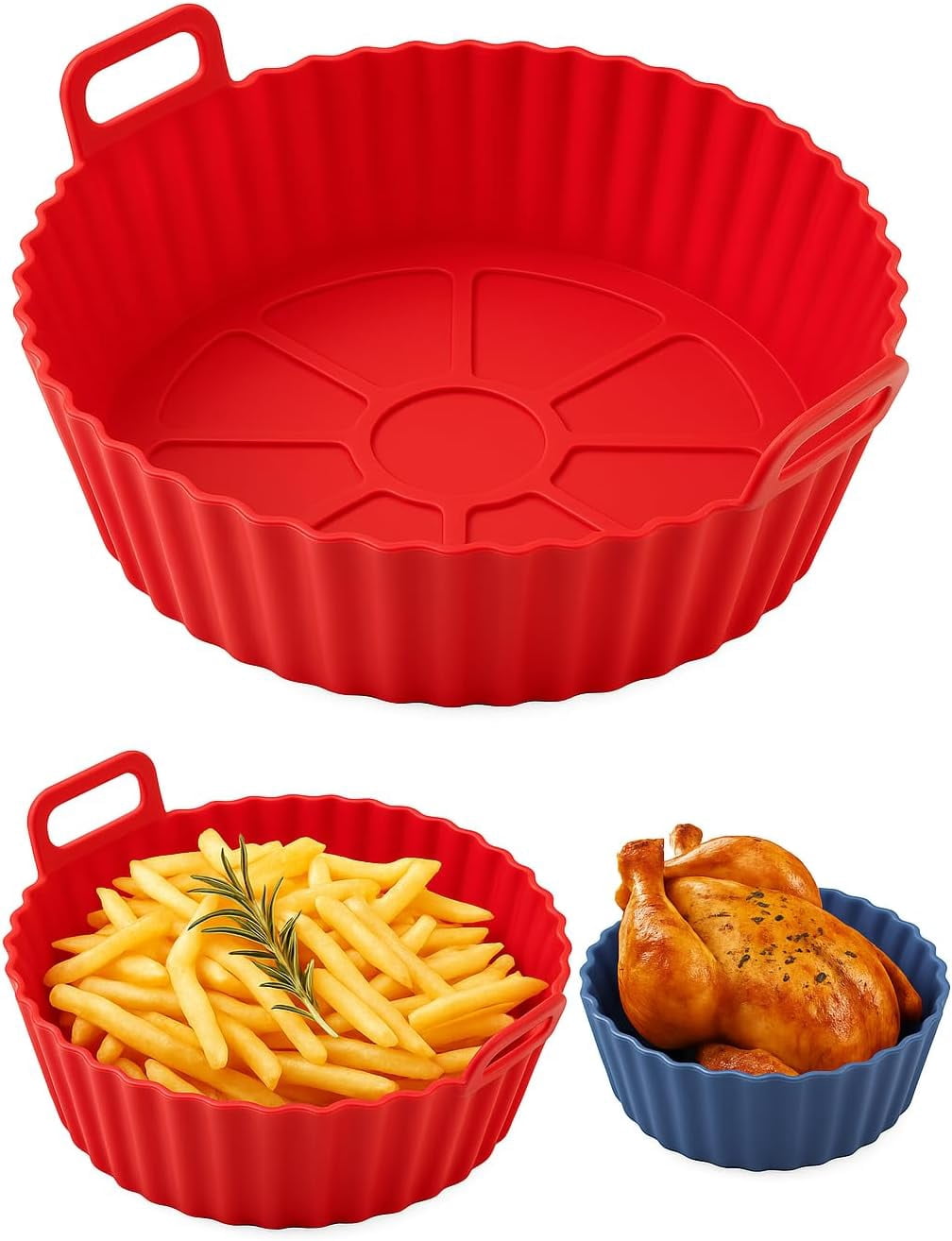JJEAN-Reusable Silicone Air Fryer Liners (2 Pack, Red & Blue) –7.9 Inch Non-Stick, Heat Resistant Mats for Air Fryer Basket, Oven & Microwave – Easy Clean, Food Safe, Eco-Friendly”