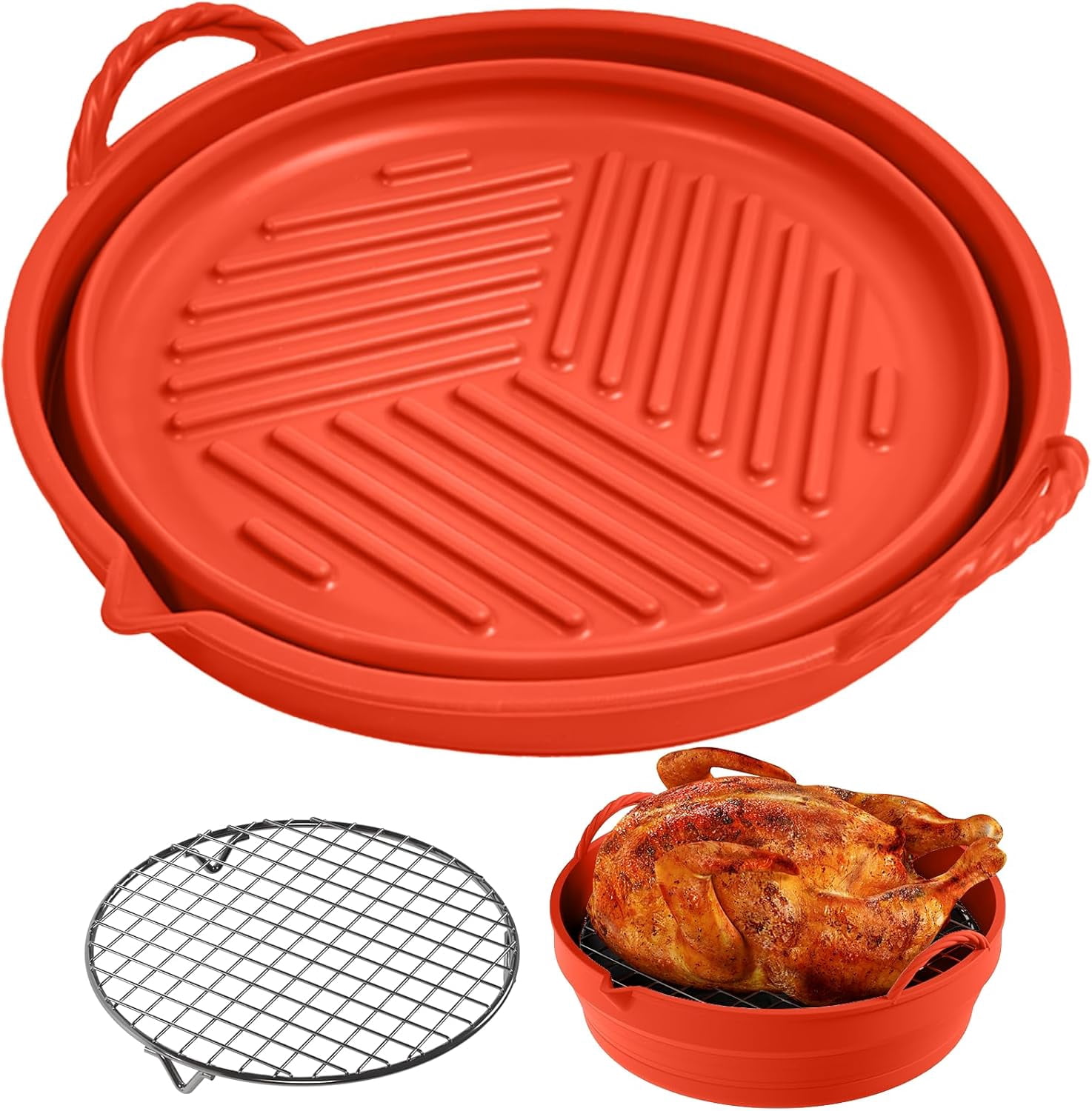 JJEAN-Reusable Silicone Liners with Rack, Foldable Round Basket Liners, 8.5 Inch Inserts for 5-7 QT Air Fryer, Red
