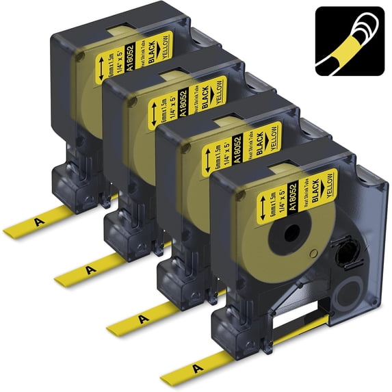 JJEAN-Rhino 6mm Yellow Heat Shrink Replace for DYMO 18052 A18052 Heat Shrink Tube Compatible with DYMO Industrial Rhino 4200, 5200, 5000, 6000, 6000+ Label Maker, 1/4, Black on Yellow, 4-Pack