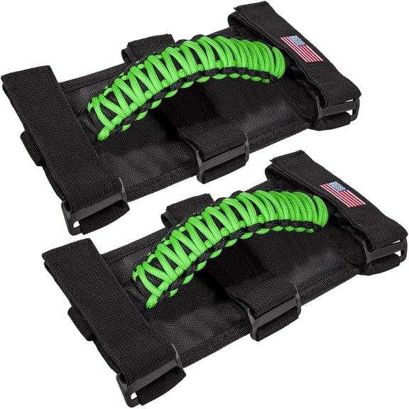 JJEAN-Roll Bar Grab Handles Grip Handle for Jeep Wrangler JK JKU JL JLU TJ YJ Sport Sahara Freedom Rubicon Unlimited Gladiator JT 1955-2023 UTV ATV Accessories Premium Paracord US Flag (Green 2 Pack)