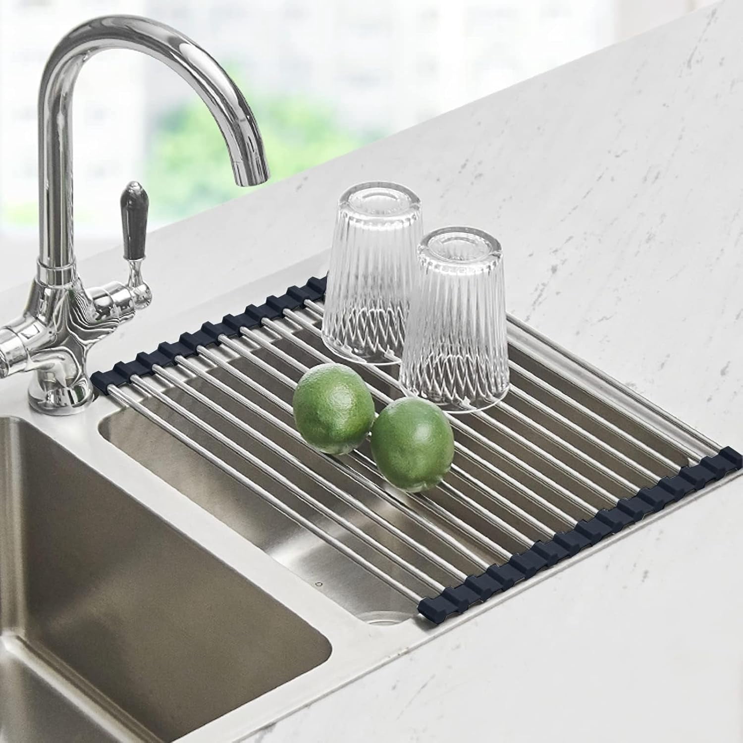 JJEAN-Roll Up Dish Drying Rack Over the Sink Drying Rack for Kitchen Counter, Rolling Dish Rack Over Sink Mat, Foldable Dish Drainer Stainless Steel Rack Kitchen Organization Gadgets 20.5"x11.8"
