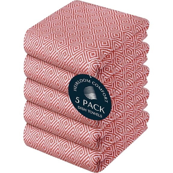 JJEAN-Rust Kitchen Towels, 5 Pack, 100% Cotton, 16"x26", Durable, Reusable, Super Absorbent and Quick Dry, Diamond Pattern Towel Set, Dish Cloths for Kitchen Use, Cleaning & Drying Dishes