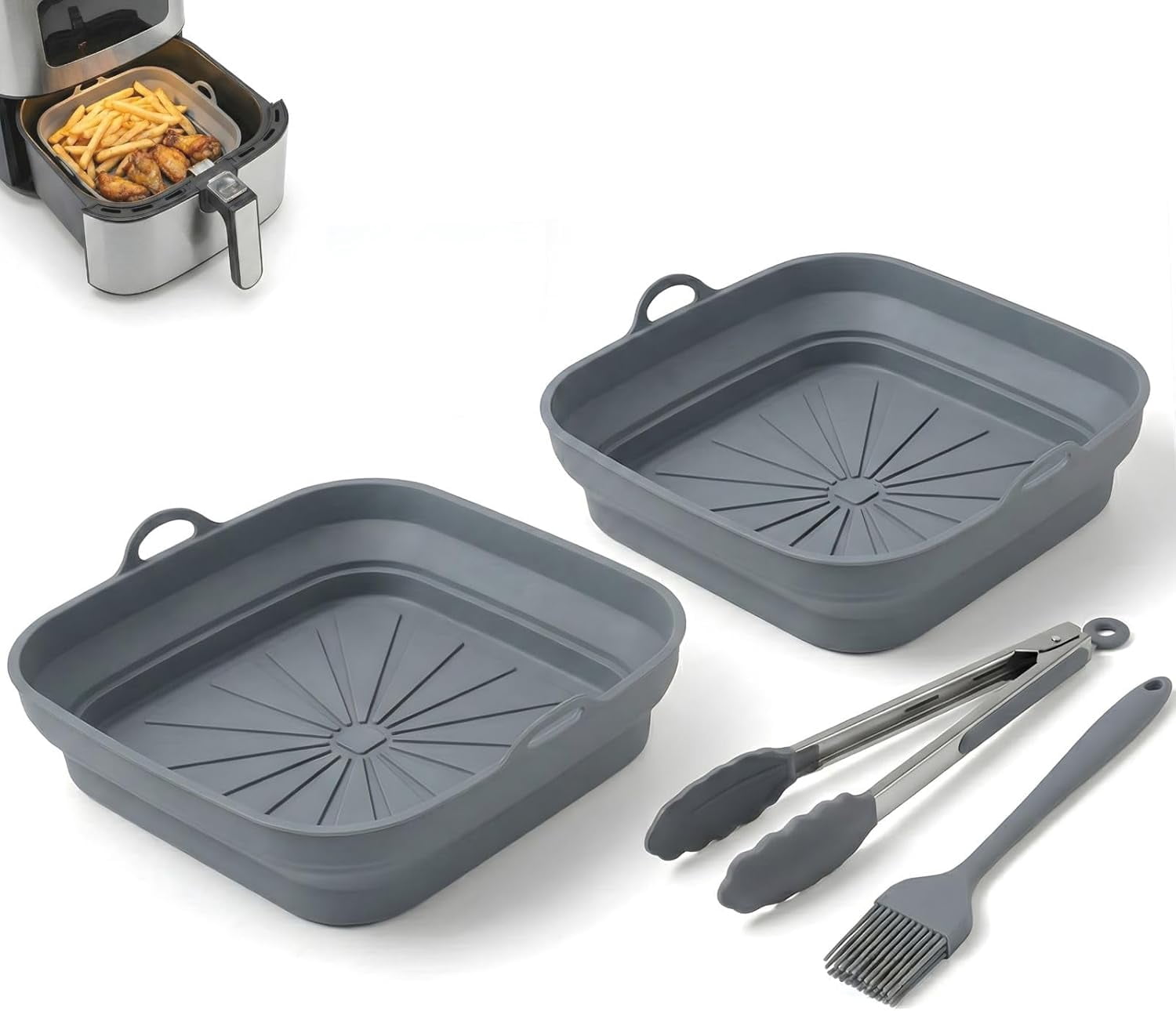 JJEAN-SAMIA 4 Piece Reusable Air Fryer Liners Set | 8 Inch Silicone Air Fryer Liners with Collapsible Design, Basting Brush, and Food Tong – Non-Stick, Dishwasher Safe, Air Fryer Accessories for Cook