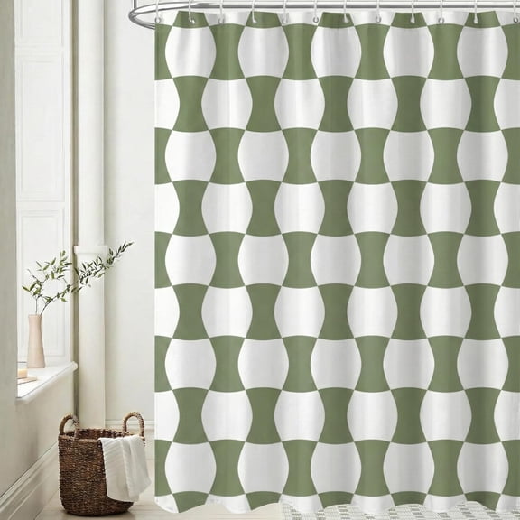 JJEAN-Sage Green Wave Checkered Shower Curtain, Vintage Boho Mid Century Modern Retro Aesthetic 70S Bathroom Decor Set Waterproof Polyester with Hooks 72x72 inches