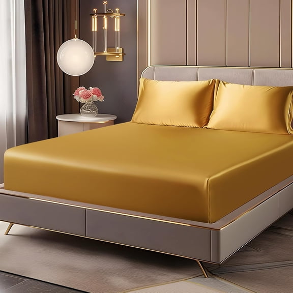JJEAN-Satin Fitted Sheet and Pillowcase Set, Luxury Soft Similar to Silk Bottom Bedsheet with Elastic Corner Straps, Deep Pocket up to 15 Inch, 1 Fitted Sheet and 1 Pillowcase(Twin, Gold)
