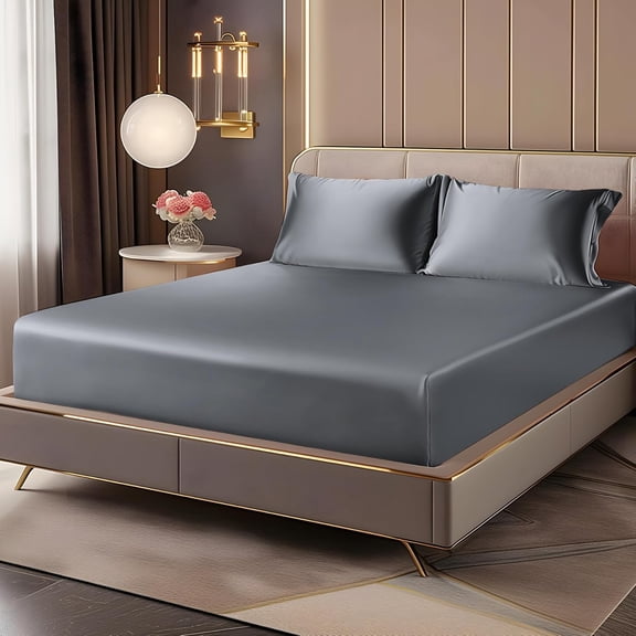 JJEAN-Satin Fitted Sheet and Pillowcases Set, Luxury Soft Similar to Silk Bottom Bed Sheet with Elastic Corner Straps, Deep Pocket up to 15 Inch, 1 Fitted Sheet and 2 Pillowcases(King, Dark Grey)