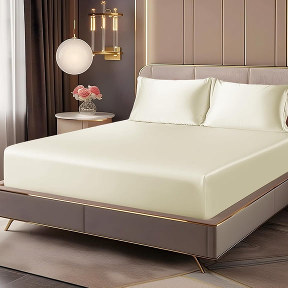 JJEAN-Satin Fitted Sheet and Pillowcases Set, Luxury Soft Similar to Silk Bottom Bedsheet with Elastic Corner Straps, Deep Pocket up to 15 Inch, 1 Fitted Sheet and 2 Pillowcases(Queen, Beige)