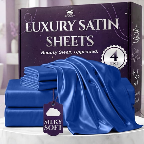 JJEAN-Satin Sheets Queen Size  4 Piece Luxury Silky Bed Set, Softer Than Silk, 15" Deep Pocket, Cooling & Wrinkle-Free, Moisture-Wicking & Breathable for Hair & Skin (Blue)