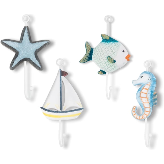 JJEAN-Set of 4 Beach Towel Hanger Nautical Hooks for Wall Bathroom Coastal Decorative Starfish Sailboat Fish Seahorse Holders and Rack for Coat Clothes for Key Purse