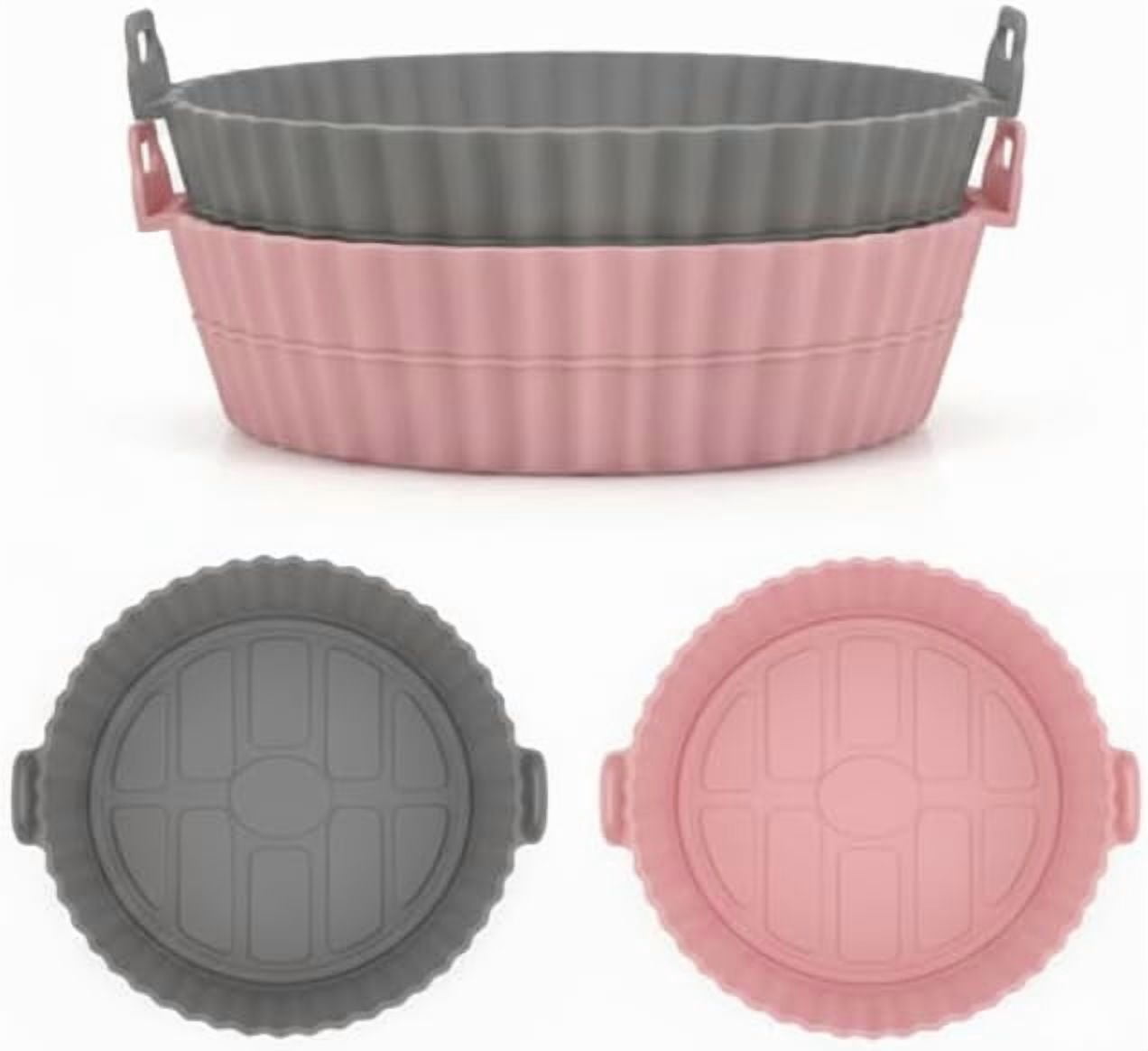 JJEAN-Silicone Air Fryer Liner, 7.9 Inch Round Reusable Basket with Handles, Nonstick & Dishwasher Safe (1 or 2 Pack) (grey/pink, 2)
