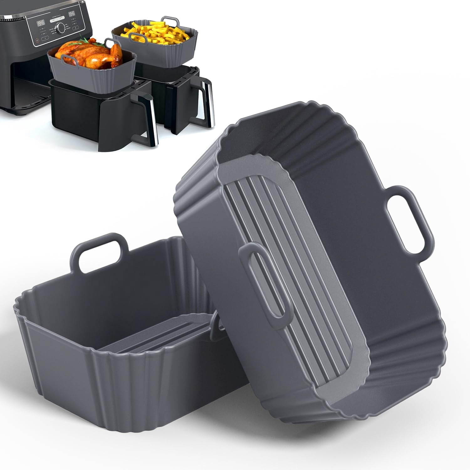 JJEAN-Silicone Air Fryer Liners 2 Pack, Reusable Compatible for Ninja Foodi DZ201, DZ401, DZ550, COSORI, Chefman, Instant, and 6-in-1 8-10QT Baskets