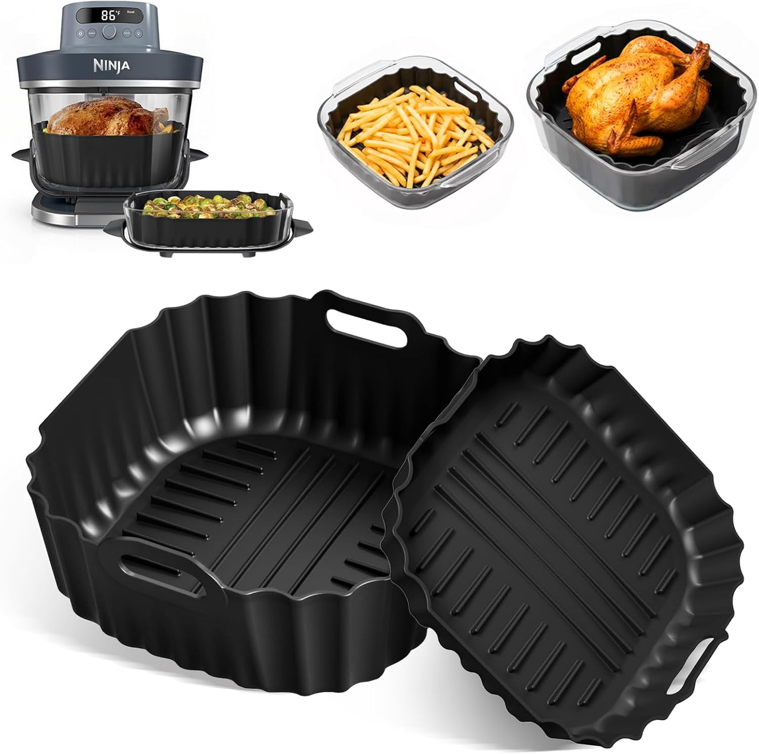 JJEAN-Silicone Air Fryer Liners 2 Pack, Reusable Non-Stick Square Liners Compatible with Ninja Crispi Pro Glass Air Fryer AS101CY, 5–6.5QT Air Fryer Baskets