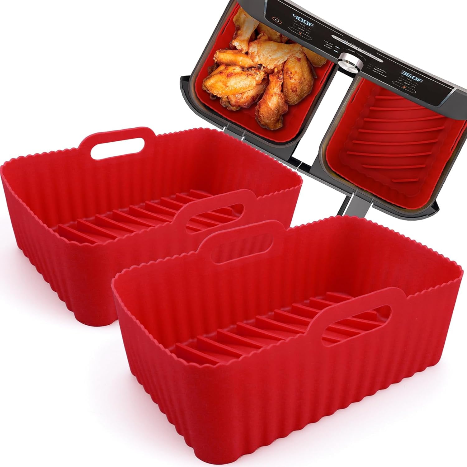 JJEAN-Silicone Air Fryer Liners, 2PCS Reusable Rectangular Air Fryer Silicone Liners, Non-Stick Basket Accessories for Ninja Foodi Dual DZ201/DZ401 8-10QT