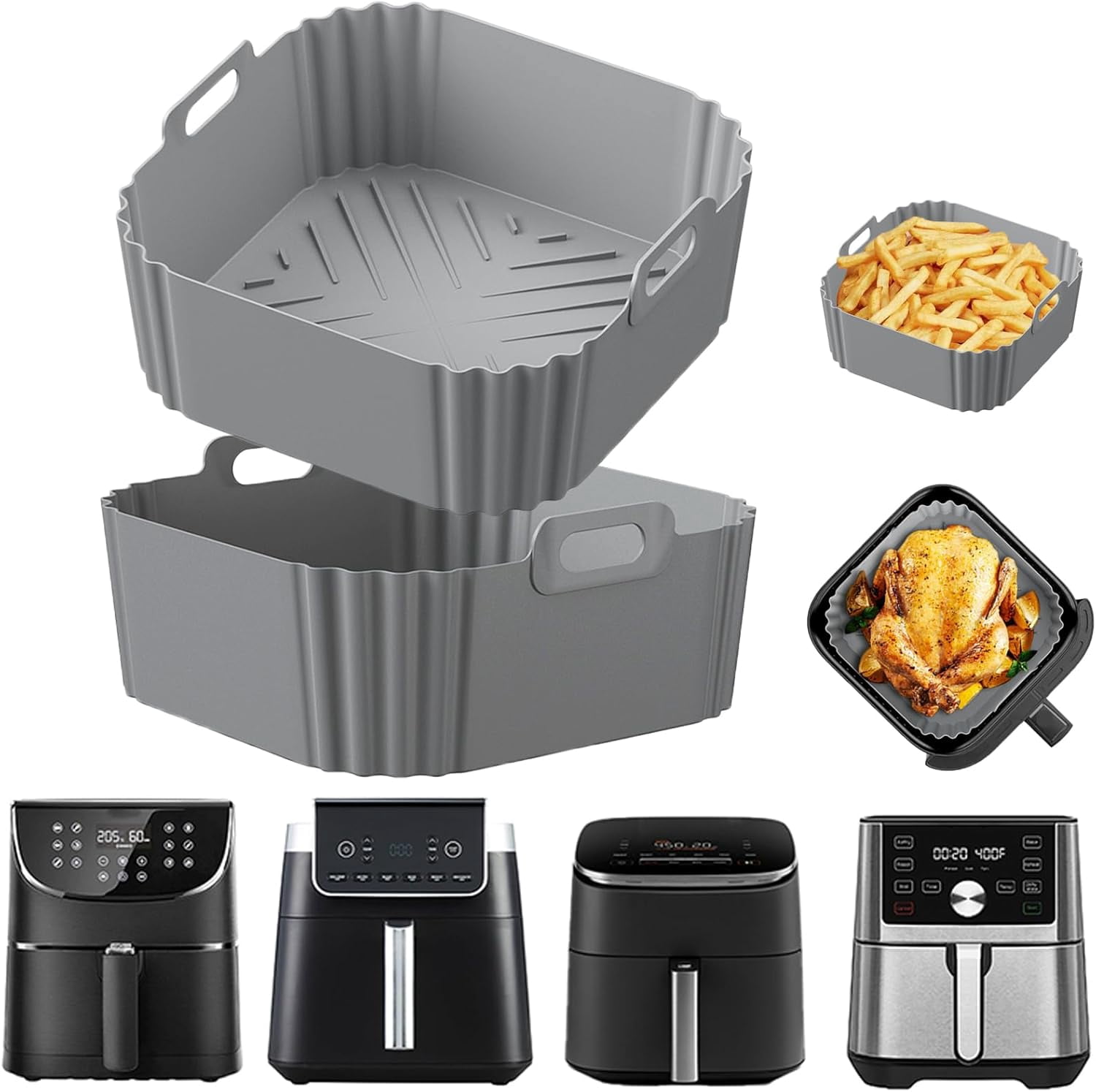 JJEAN-Silicone Air Fryer Liners, 2Pack 8.8inch Air Fryer Liners Reusable for Ninja Pro XL AF141 AF142 AF181 AF182,Square Silicone Air Fryer Basket Liners for 6QT COSORI 9-in-1 CAF-DC601