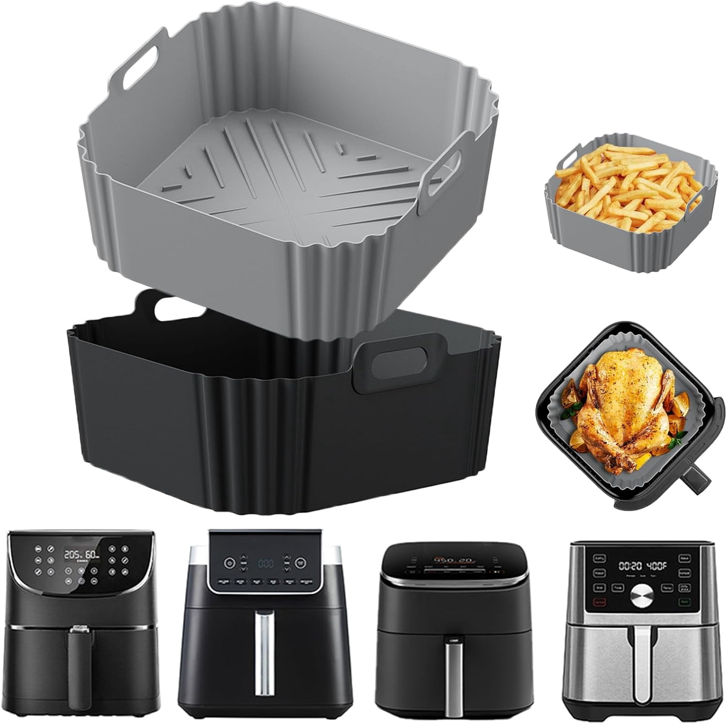 JJEAN-Silicone Air Fryer Liners for Ninja Air Fryer Pro XL AF141 AF142 AF181 AF182,2Pack 8.8inch Square Air Fryer Liners Reusable Basket for Cosori,Chefman,Instant Pot,Other 5-8QT,Air Fryer Accessori