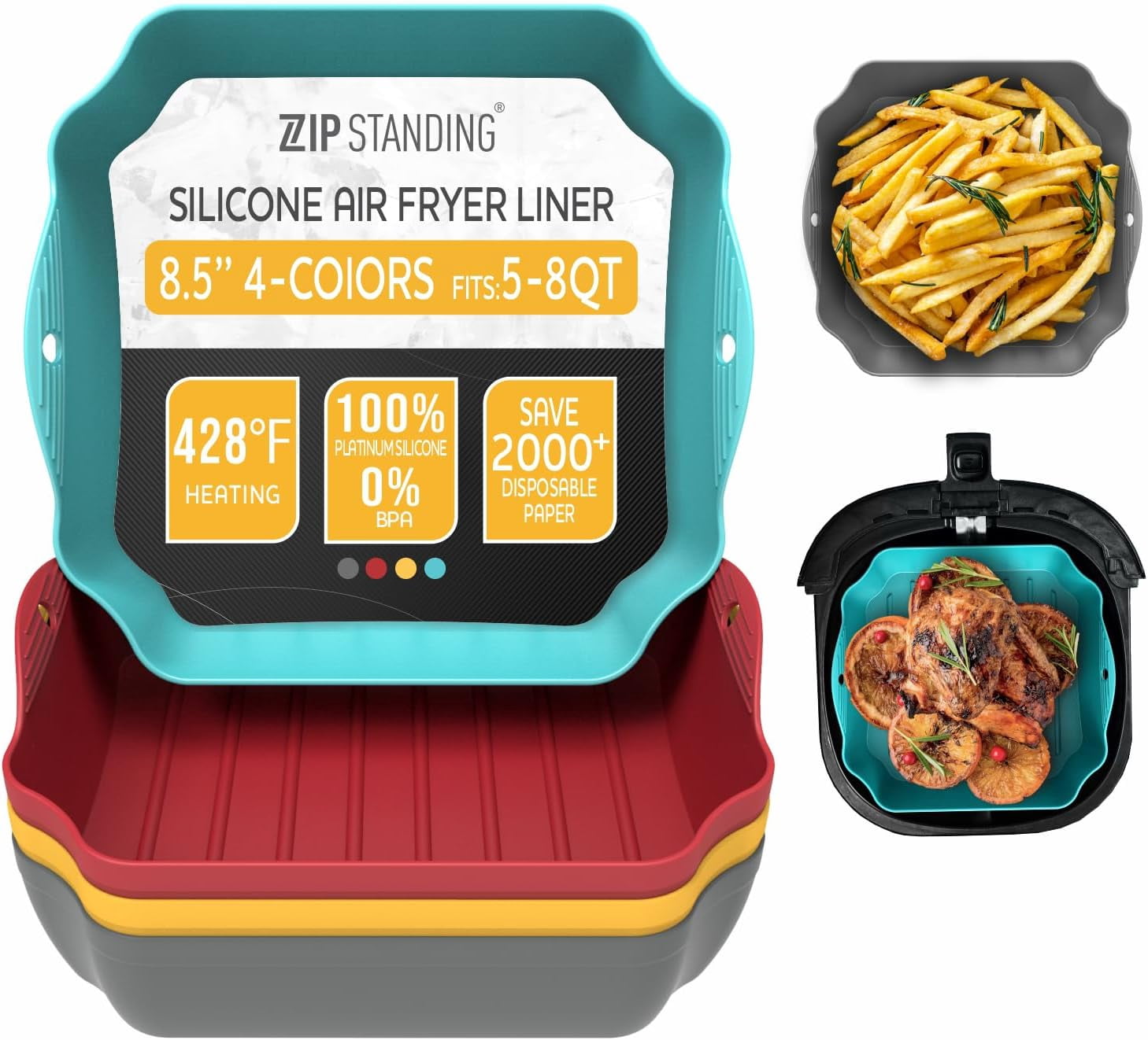 JJEAN-Silicone Air Fryer Liners Set OF 4, for 5-8QT Tray Baking Oven, 8.5” Reusable Square with Handles & Holes, Inserts, Accessories