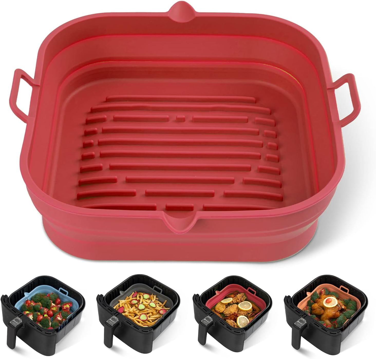 JJEAN-Silicone Air Fryer Liners Square - Reusable Airfryer Collapsible Basket - Easy to Clean Air Fryers Pot for 5.8 to 8 Qt Baking Tray Oven Accessories, 8.5 Inch Large