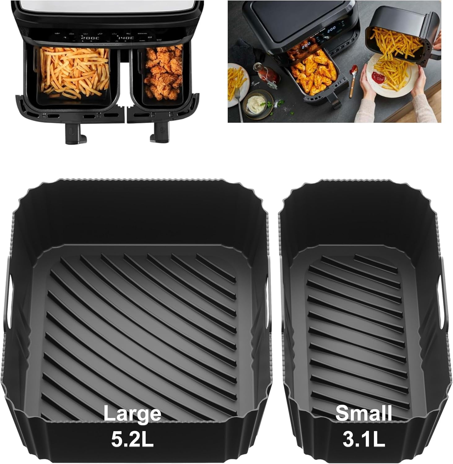 JJEAN-Silicone Air Fryer Liners for Tefal 8.3L Dual Easy Fry, 5.2L + 3.1L 1 Large 1 Small Reusable Air Fryer Liners for Lakeland 8L Tower Salter Dual Air Fryer, BPA-Free Air Fryer Accessories