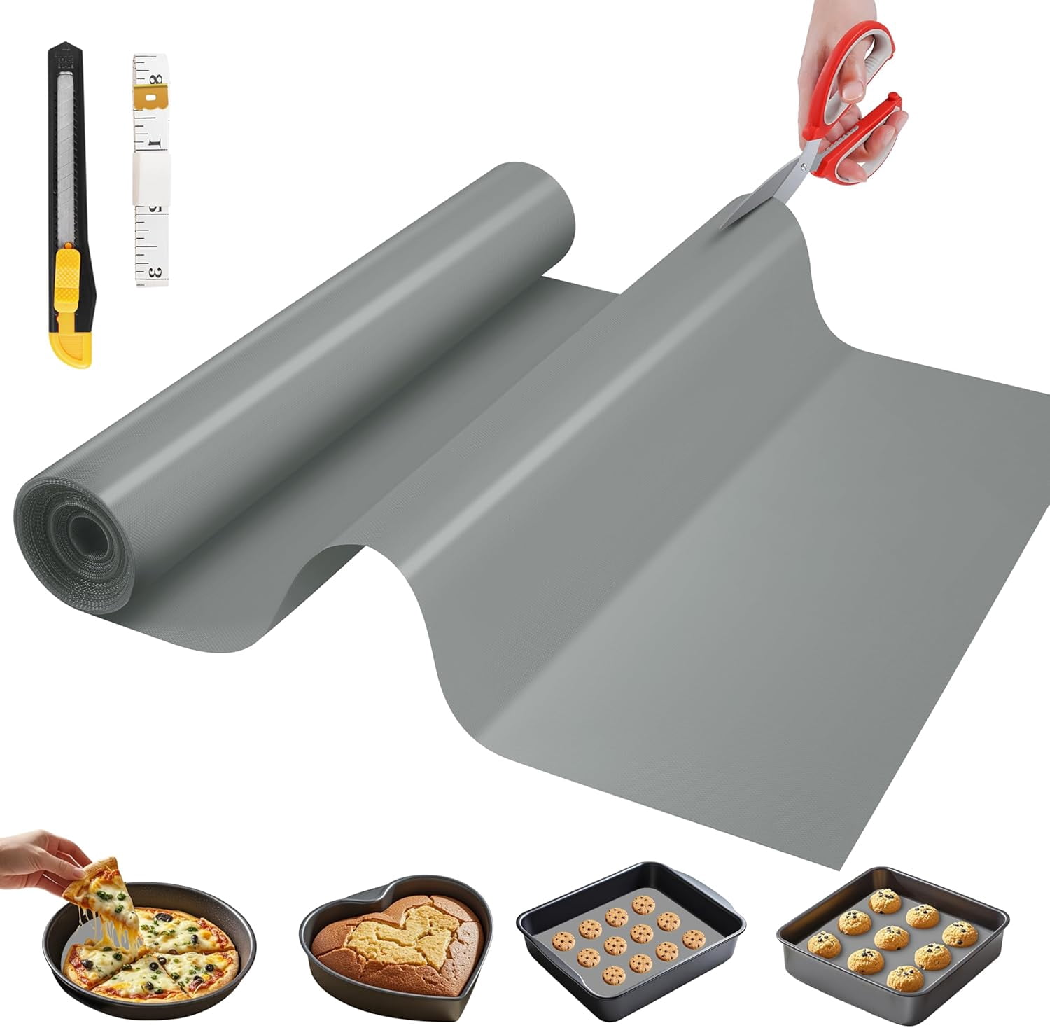 JJEAN-Silicone Baking Mat, 12 IN x 6 FT Free Cutting Baking Sheet, Non-Stick Reusable Dough & Pastry Mat, Non-Slip Silicone Mat Roll for Air Fryer Liner, Freeze Dryer, Oven Baking Pan, Kitchen Counte
