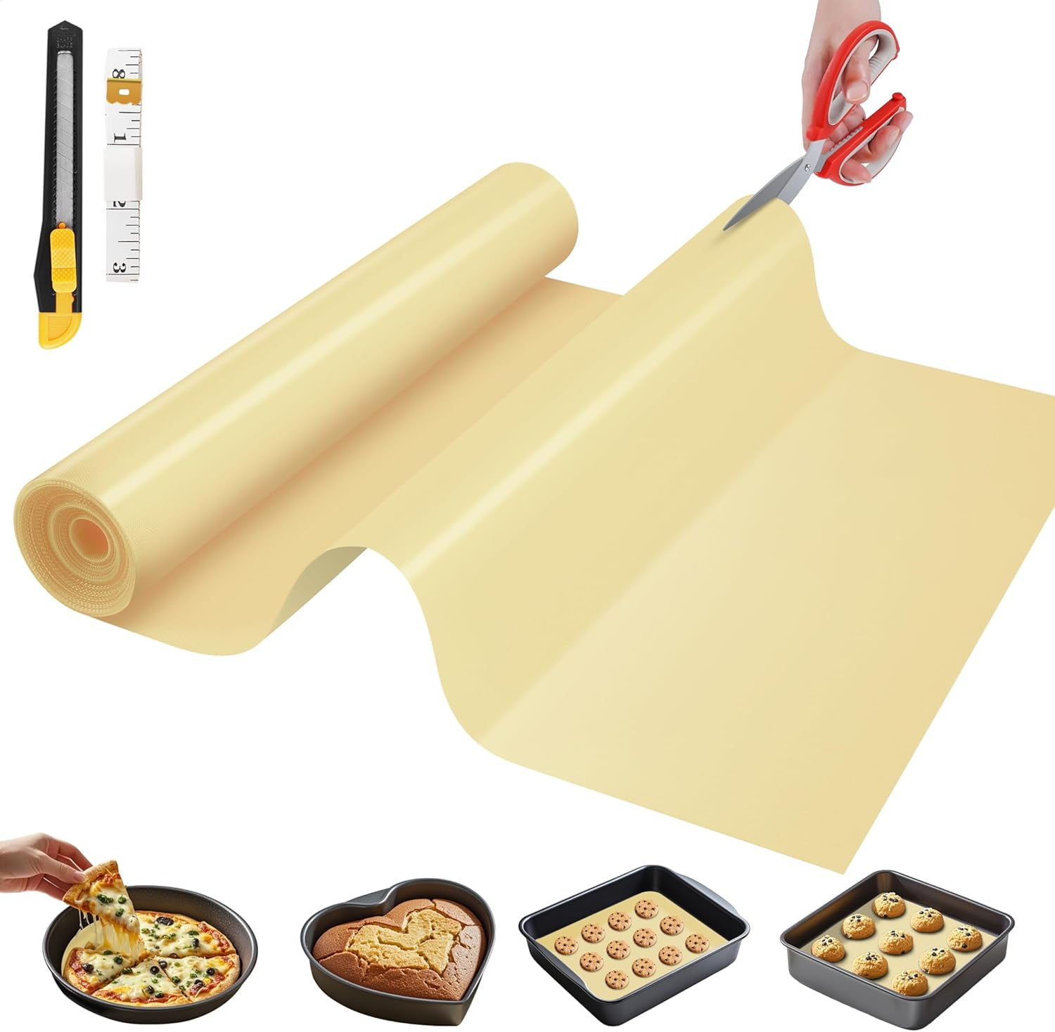 JJEAN-Silicone Baking Mat, 12 IN x 6 FT Free Cutting Baking Sheet,Non-Stick Reusable Dough & Pastry Mat,Non-Slip Silicone Mat Roll for Air Fryer Liner,Freeze Dryer,Oven Baking Pan,Kitchen Counter