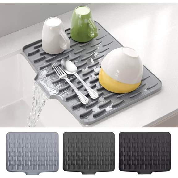 JJEAN-Silicone Dish Drying Mat for Kitchen Counter, Fast Drainage Design for Vegetables Fruits, Heat Resistant, Non-Slip , Dishwasher Safe  15.7x13 inch Silk Gray