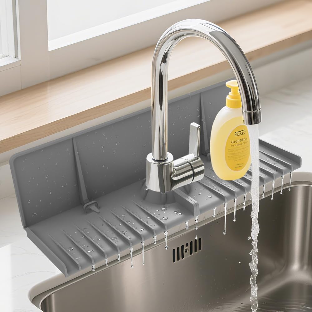 JJEAN-Silicone Faucet Drip Catcher Tray Mat - Upgraded Design - Sink Backsplash Guard Behind Faucet, Silicone Faucet Mat for Dish Soap Sponge Holder, Kitchen Counter Bathroom Kitchen Sink Splash Guar