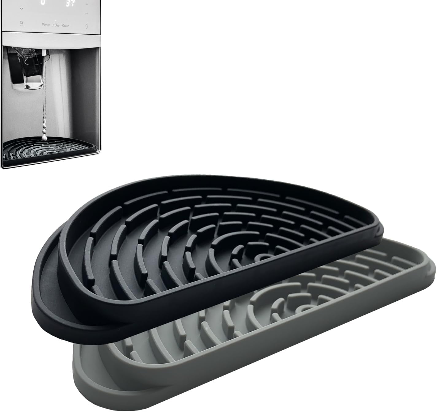 JJEAN-Silicone Refrigerator Drip Tray Catcher 2 packs.Protects Ice and Water Dispenser Pan From Spills,Fit Refrigerator Water Tray, Recycle and Dry Quickly (Semi-Circular, Black+Grey)