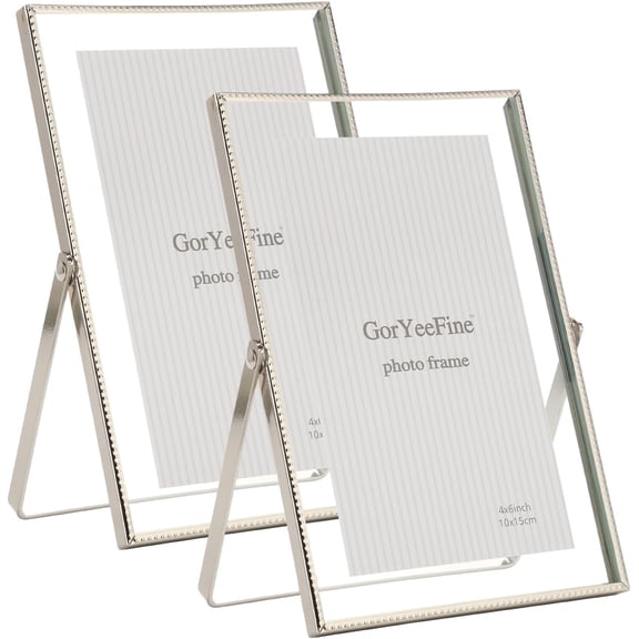 JJEAN-Silver 4x 6'' Floating Frame Set of 2, For Photo Sizes (2x3'', 3.5x 5'' up to 4x6'' ), Beautiful Metal Lace Edge Frames Adjustable Tabletop/Shelf Photo Frame, Classy Gift Choice for Wedding,