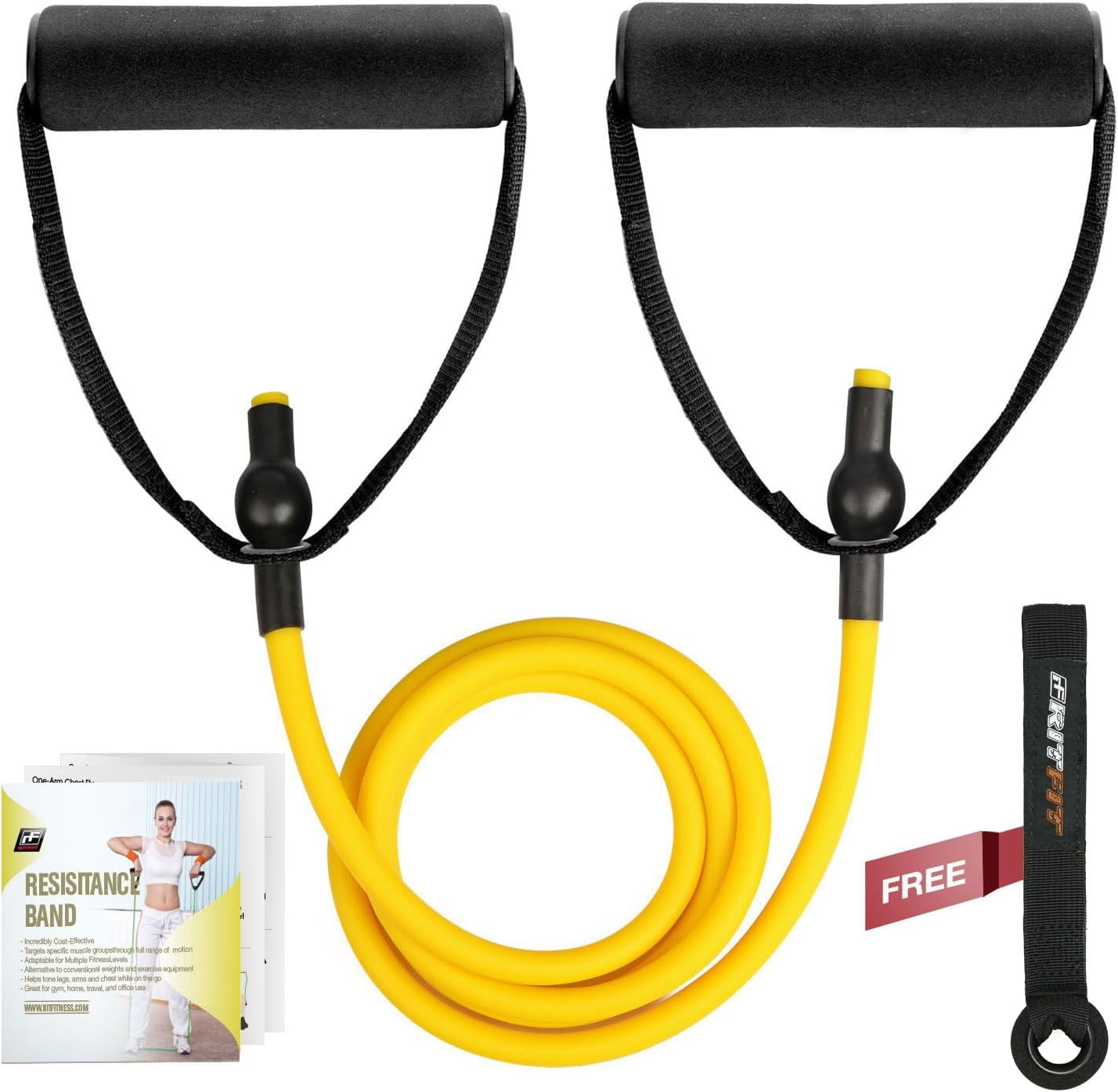 JJEAN-Single Resistance Exercise Band with Comfortable Handles - Ideal for Physical Therapy, Strength Training, Muscle Toning - Foam Padding Door Anchor and Starter Guide Included