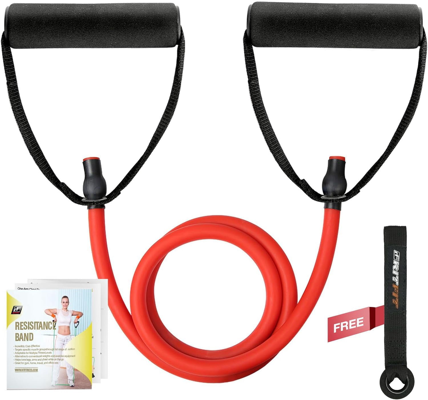 JJEAN-Single Resistance Exercise Band with Comfortable Handles - Ideal for Physical Therapy, Strength Training, Muscle Toning - Foam Padding Door Anchor and Starter Guide Included